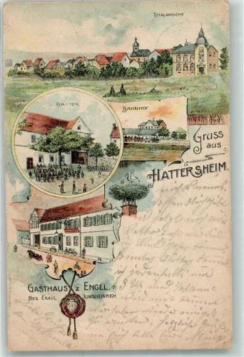 65795 W6234 Hattersheim am Main 1906 Gebrauchsspuren Bahnhof Gasthaus z. Engel Lithographie