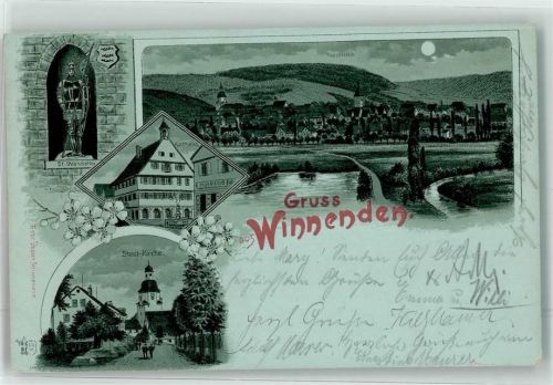 71364 W7057 Winnenden , Württ 1898 Lithographie / Mondschein St. Wendelin Stadt Kirche Rathaus Apotheke Ottmar Zieher
