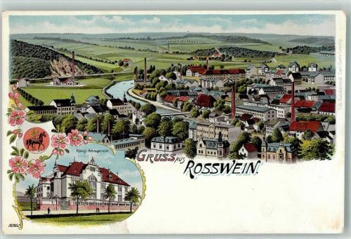 Roßwein Königliches Amtsgericht Fabrik Brücke Blumen Pferd Gruss