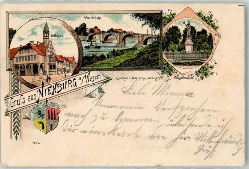 Nienburg 1899 Rathaus Weserbrücke Kriegerdenkmal Wappen Bahnpost Hanover-Geestenmühle Zg. 315
