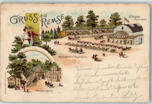 08373 O9611 Remse 1898 Lithographie Colosseum Haupteingang Marstall Wagenplatz Bahnpost Glauchau- Zg.854