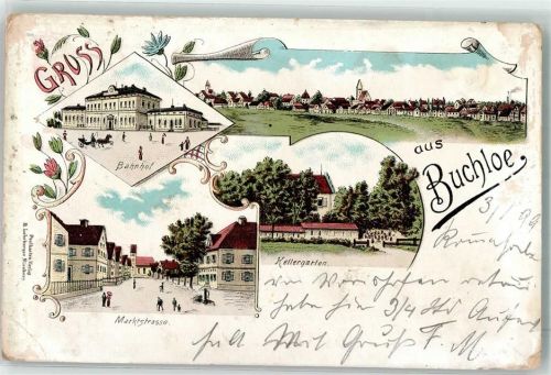Buchloe 1899 Marktstraße Kellergarten Bahnhof Litho