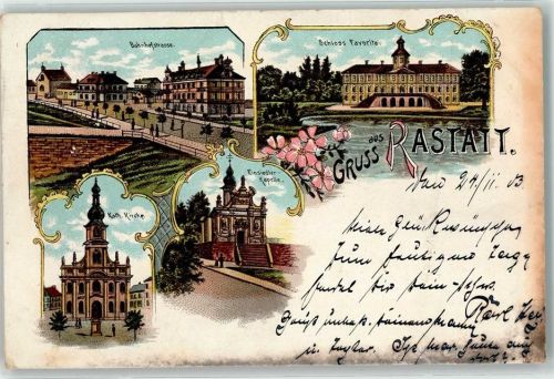 76437 W7550 Rastatt 1903 Lithographie Bahnhofstraße Kath. Kirche Einsiedler Kapelle Schloß Favorite