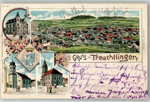 Treuchtlingen 1901 Lithographie Apotheke Staudinger Kath. Kirche Ev. Kirche beschnitten