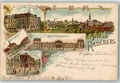01454 O8142 Radeberg 1901 Gebrauchsspuren Markt Rathaus Bahnhofsgebäude Hotel zum Kaiserhof Lithographie