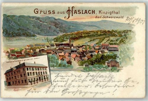 77716 W7612 Haslach im Kinzigtal 1901 Künstlerkarte Hotel-Pension zum goldenen Kreuz