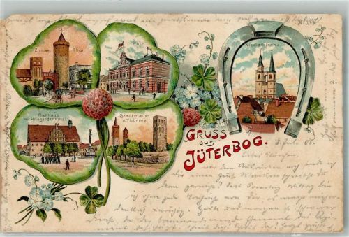 Jüterbog 1903 Rathaus Kriegerdenkmal Postamt Stadtmauer Zinnaer Tor Nicolai- Kirche HufeisenLithographie