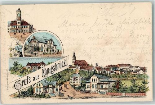 01936 O8293 Königsbrück 1900 Lithographie Rathaus Hotel zum Bahnhof Park-Villa