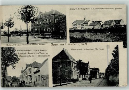 Haßloch 1910 Kath. Schwesternhaus mit beiden Kirchen Ev. Rettungshaus v.d.Rennbahnstraßegesehen Eisenbahnstraße m. Protest. Pfarrhaus