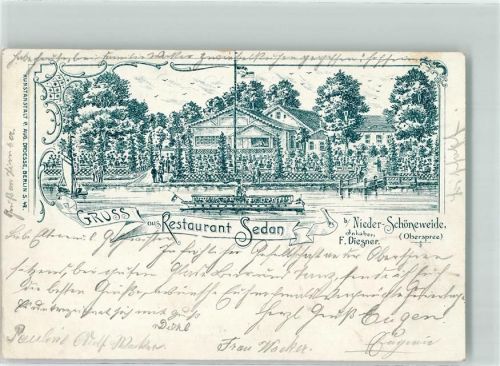 10115 O1190 Niederschöneweide 1898 Lithographie Gasthaus Sedan Bootssteg Salondampfer selten