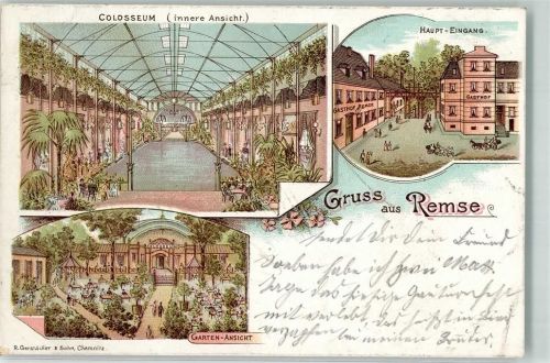08373 O9611 Remse 1899 Lithographie Colosseum Haupteingang Innere Ansicht Garten