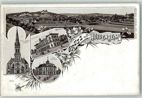Heidenheim Neue Ev. Kirche Bahnhof Königliches Postamt Eisenbahn Gruss Blumen Lithographie Vorläufer