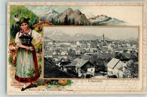 Traunstein 1908 Tracht Bauernmädchen Rinder Almhütte Serie III Nr.17 Passepartout