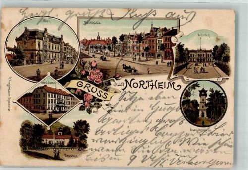 Northeim 1897 Brunnen Post Hotel Sonne Marktplatz Bahnpost Nordhausen-Northeim Zg. 51