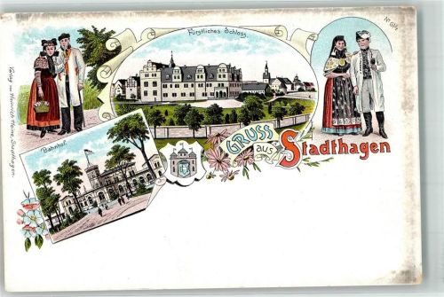 31655 W3060 Stadthagen Lithographie Volkstrachten Fürstl. Schloß Bahnhof Wappen