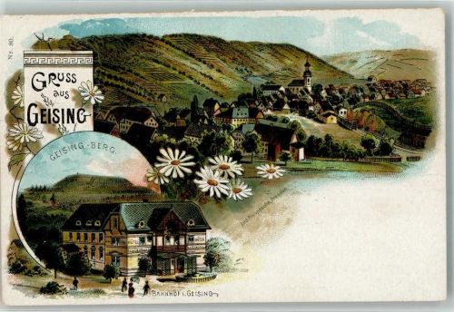 01778 O8244 Geising Gebrauchsspuren Geising Berg Bahnhof Margeriten Lithographie