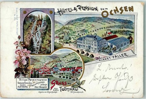 79674 W7868 Todtnau 1901 Lithographie Hotel Pension Zum Ochsen Albert Faller Wasserfall