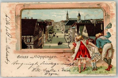 73033 W7320 Göppingen 1901 Gebrauchsspuren Prägedruck Kinder Mauer Fachwerkhaus Oberhofenkirche