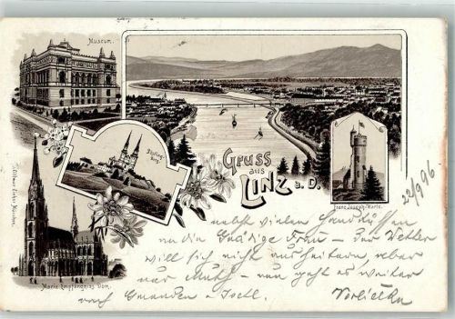 4020 Linz 1896 Lithographie Ottmar Zieher Museum Franz Josef Warte Maria Empfängnis Dom