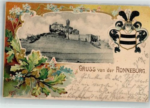 Ronneburg 1901 Passepartout Eichenblätter Wappen Burg Ronneburg sign. Jausa
