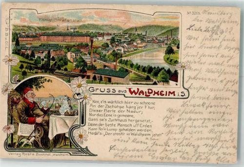 04736 O7305 Waldheim , Sachs 1902 Lithographie Kgl. Strafanstalt Älterer Herr mit Tabakspfeife Reim