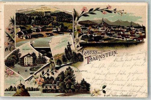 83278 W8220 Traunstein , Oberbay 1903 Lithographie Spatz Mädchen Pension Bad Empfing Hohes Kreuz