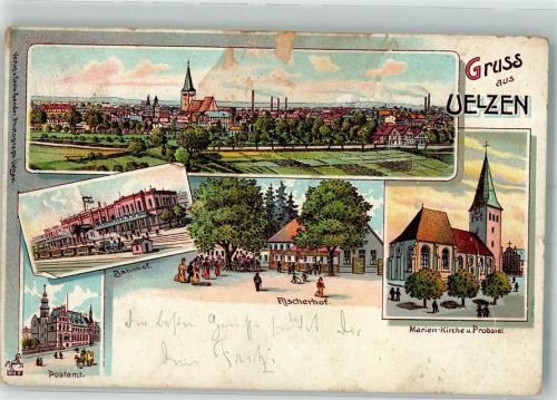 Uelzen 1901 Lithographie Gasthaus Fischerhof Post Bahnhof Marienkirche Bahnpost Hannover-