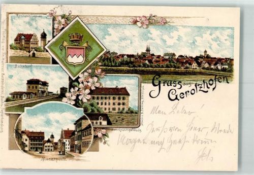 Gerolzhofen 1897 Marktplatz Bahnhof Rentamtgebäude Bezirksamt Stadtwappen Lithographie