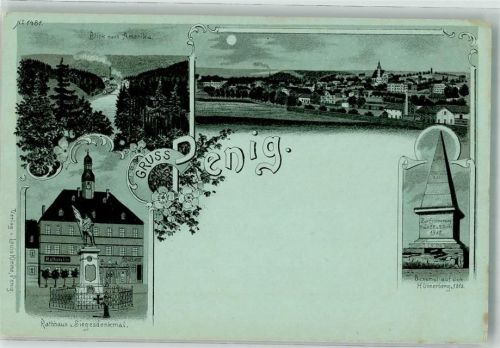 09322 O9294 Penig Lithographie / Mondschein Denkmal auf dem Hühnerberg Rathaus Siegesdenkmal