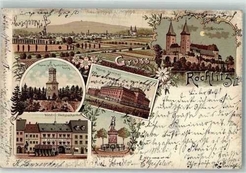 09306 O9290 Rochlitz 1898 Lithographie / Mondschein Turm auf dem Rochlitzer Berg Königl. Seminar Schloss Hotel Sächsischer Hof Kriegerdenkmal