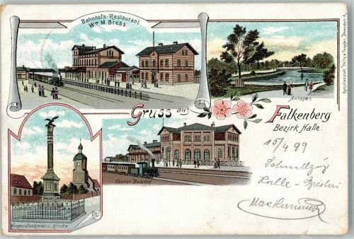 Falkenberg 1899 Lithographie Oberer Bahnhof Bahnhof-Gasthaus Kriegerdenkmal Anlagen