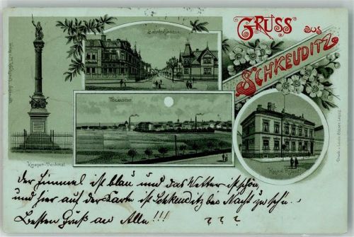 04435 O7144 Schkeuditz 1898 Lithographie Kriegerdenkmal Bahnhofstraße Kaiserl. Postamt Bahnpost Magdeburg Mondschein