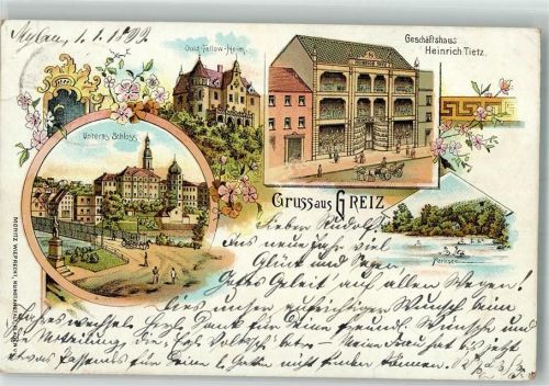 Greiz 1899 Geschäftshaus Tietz Unteres Schloß Oold-Fellow-Heim Bahnpost Reichenbach-Mylau Zg. 2129