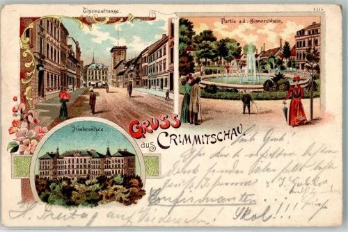 08451 O9630 Crimmitschau 1903 Lithographie Knabenschule Thiemestraße Am Bismarckhain Springbrunnen