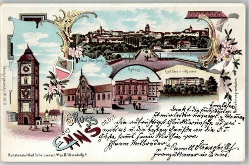 4470 Enns 1898 Lithographie Stadt-Pfarr-Kirche Rathaus K.u. K. Cavallerie Kaserne