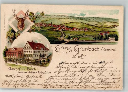 73630 W7064 Grunbach , Rems 1901 Lithographie Hirschkopf Gasthaus zum Hirsch