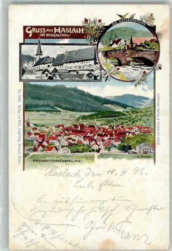 Haslach 1899 Gutleutbrücke sign. K. Fuchs Bahnpost Singen-Offenburg Zg. 47