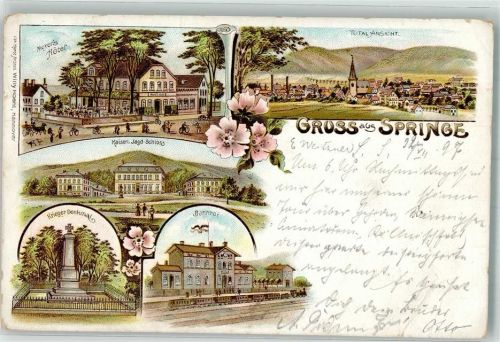 31832 W3257 Springe , Deister 1897 Gebrauchsspuren Lithographie Bahnhof Kriegerdenkmal Hotel Meyer Kaiserl. Jagdschloß