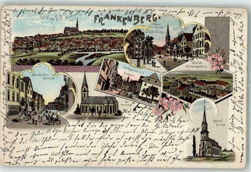 35066 W3558 Frankenberg Eder 1898 Gebrauchsspuren Steinstraße Rathaus Kloster St. Georgenberg Oberer Markt Lithographie