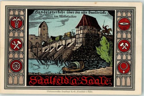 07318 O6800 Saalfeld , Saale - Steinerne Chronik Thüringens "Handelsverkehr über die alte Saalbrücke im Mittelalter" Handwerkerwappen