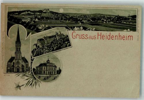 89518 W7920 Heidenheim an der Brenz Gebrauchsspuren Lithographie Schloss Hellenstein Kgl. Postamt