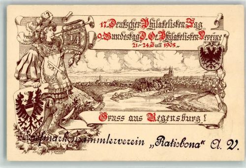 Regensburg 17. Deutscher Philatelisten-Tag 9. Bundestag Deutscher und Österreichischer Philatelisten-Vereine Juli 1905 Trompeter Wappen sign Haseneder