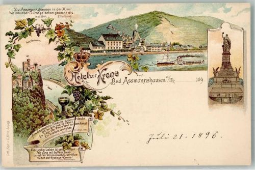 Assmannshausen 1896 Burg Rheinstein Rheinsalon-Dampfer Niederwalddenkmal Reime