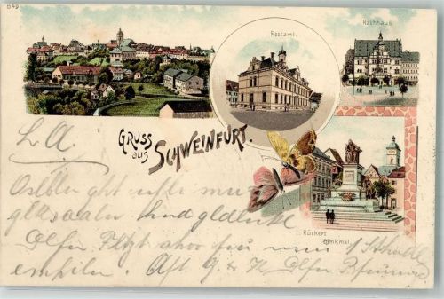 Schweinfurt 1909 Postamt Rathaus Schmetterlinge Rückert-Denkmal