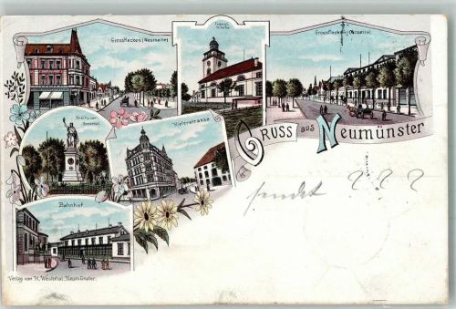 Neumünster 1897 Lithographie Grossflecken Drei Kaiser-Denkmal Kielerstraße Bahnhof