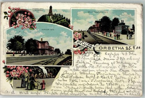 06258 O4213 Korbetha 1900 Gebrauchsspuren Lithographie Scherbelberg Bahnhof Frankfurter Seite Bahnhof Leipziger Seite Bahnpost Berlin Zug 201