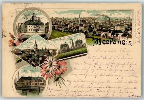 08393 O9612 Meerane 1896 Lithographie Schlacht- u. Viehhof Neue Webschule Rathaus