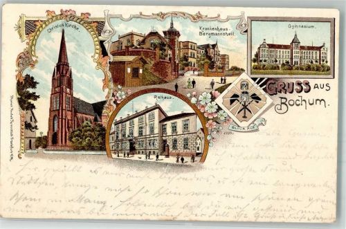 Bochum 1899 Rathaus Christus-Kirche Krankenhaus Bermannsheil Gymnasium Bergmannswappen