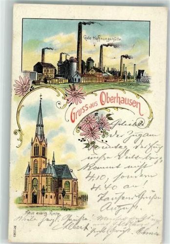 46045 W4200 Oberhausen , Rheinl 1904 Lithographie Gute Hoffnungshütte Neue ev. Kirche Bahnpost Köln-Hannover