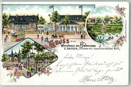Halensee 1899 Lithographie Gasthaus am Halensee Gartenwirtschaft Halensee